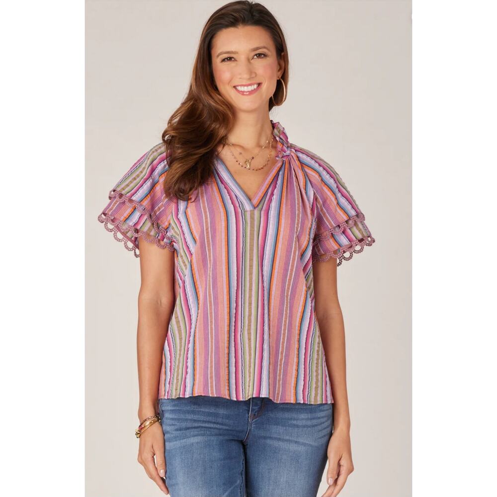 Democracy Women's Short Flounce Sleeve Crochet Lace Ruffle Neck Blouse Stripe